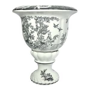 Porcelain Black & White Pedestal Transfer Planter Pot 11” Chinoiserie Toile